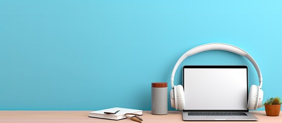 From the left on a desk: a book placed on the desk, followed by a plastic cup, an opened laptop, and a large headset wrapped around it.