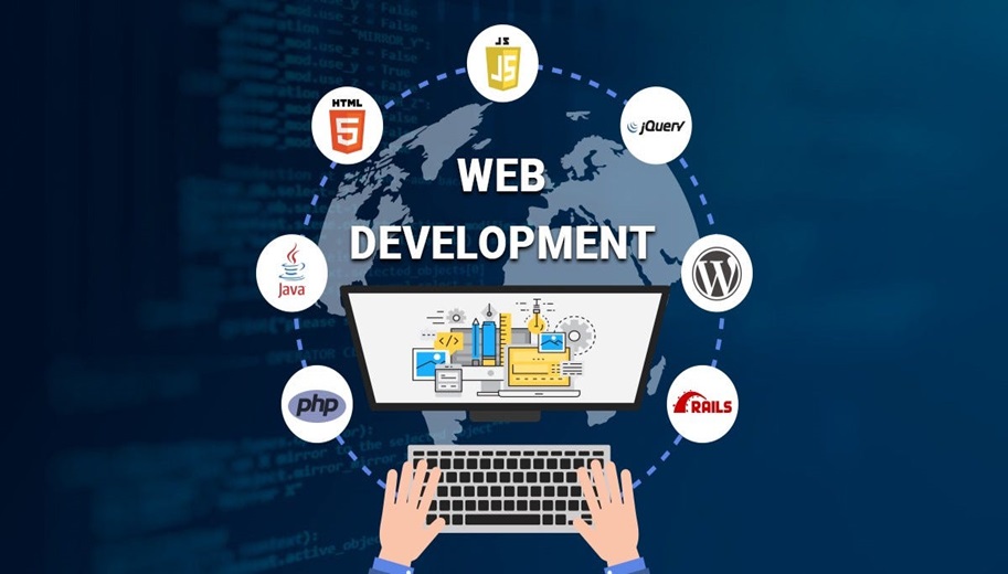 An illustration depicting web development with various programming languages and tools.